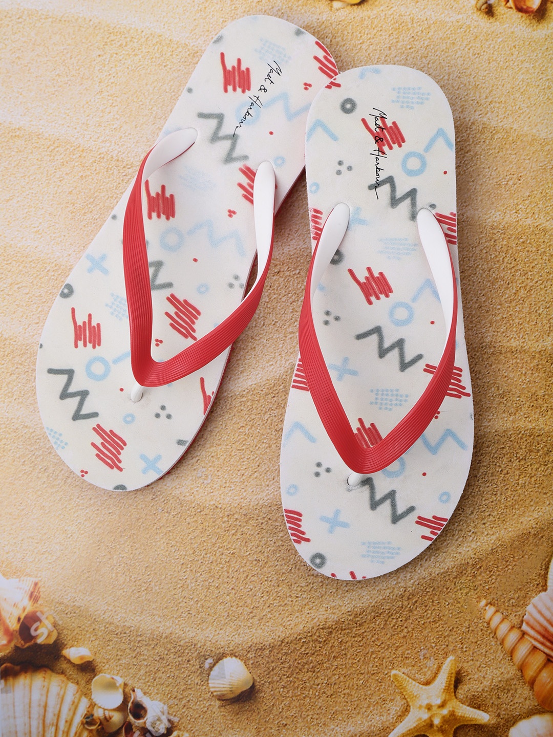 

Mast & Harbour Women Red & Off-White Printed Thong Flip-Flops