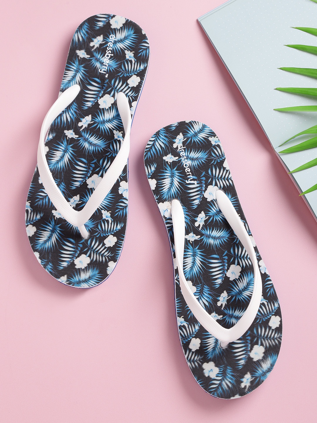 

DressBerry Women White & Blue Tropical Print Thong Flip-Flops