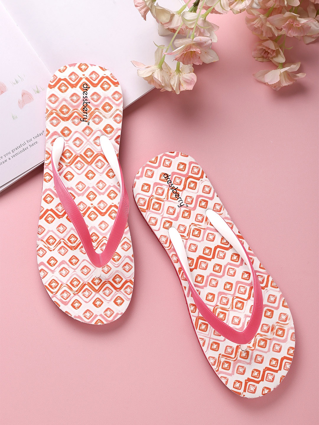 

DressBerry Women Pink & Orange Printed Thong Flip-Flops