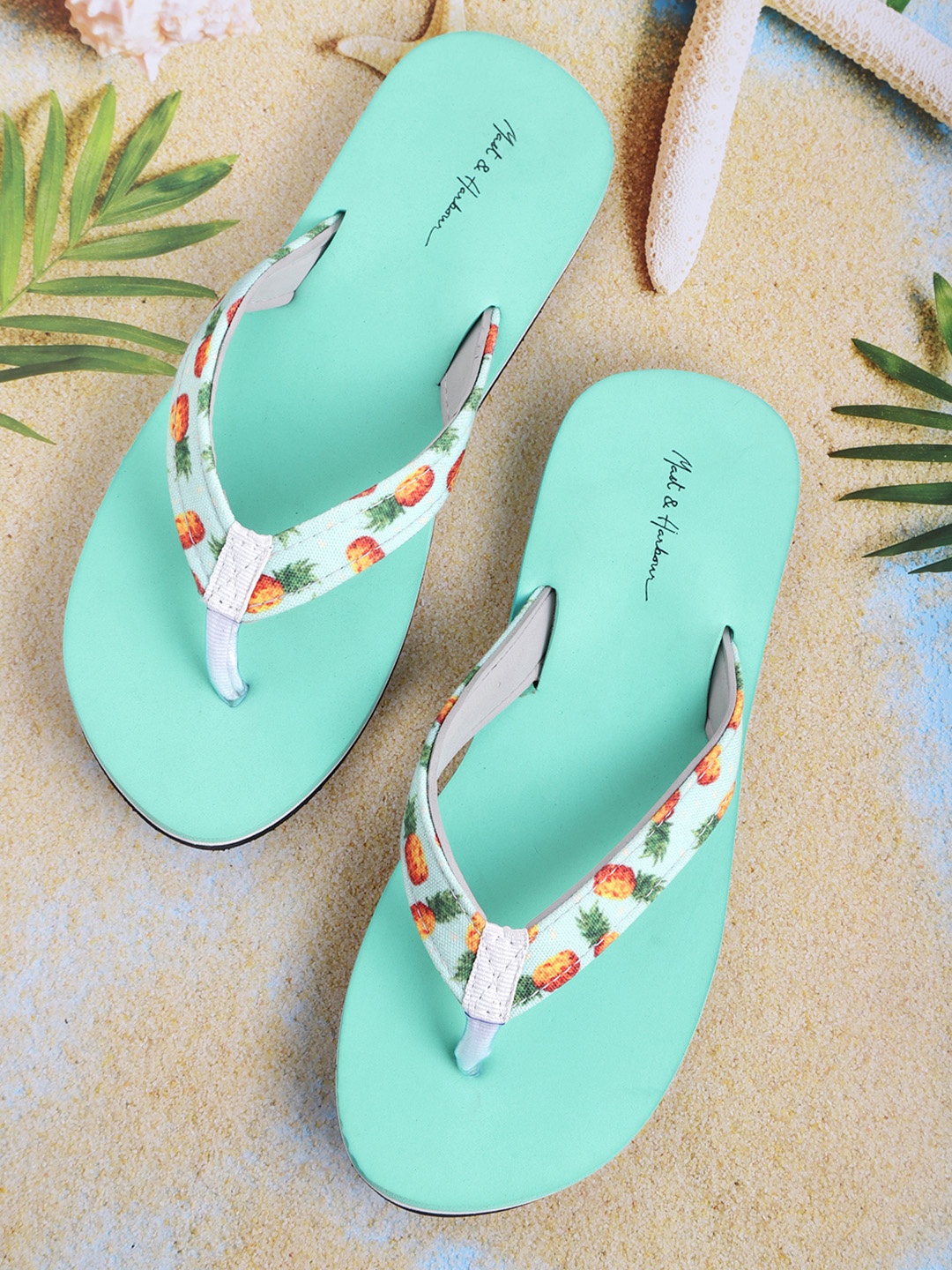 

Mast & Harbour Women Sea Green & Yellow Printed Thong Flip-Flops