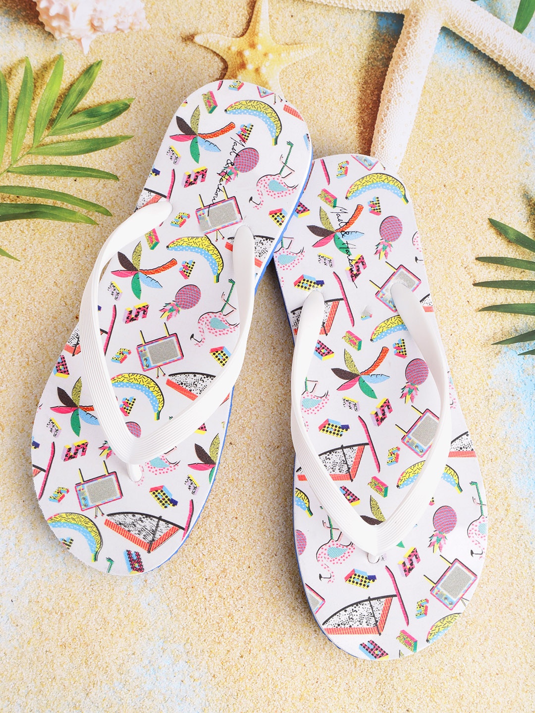 

Mast & Harbour Women White & Blue Printed Thong Flip-Flops