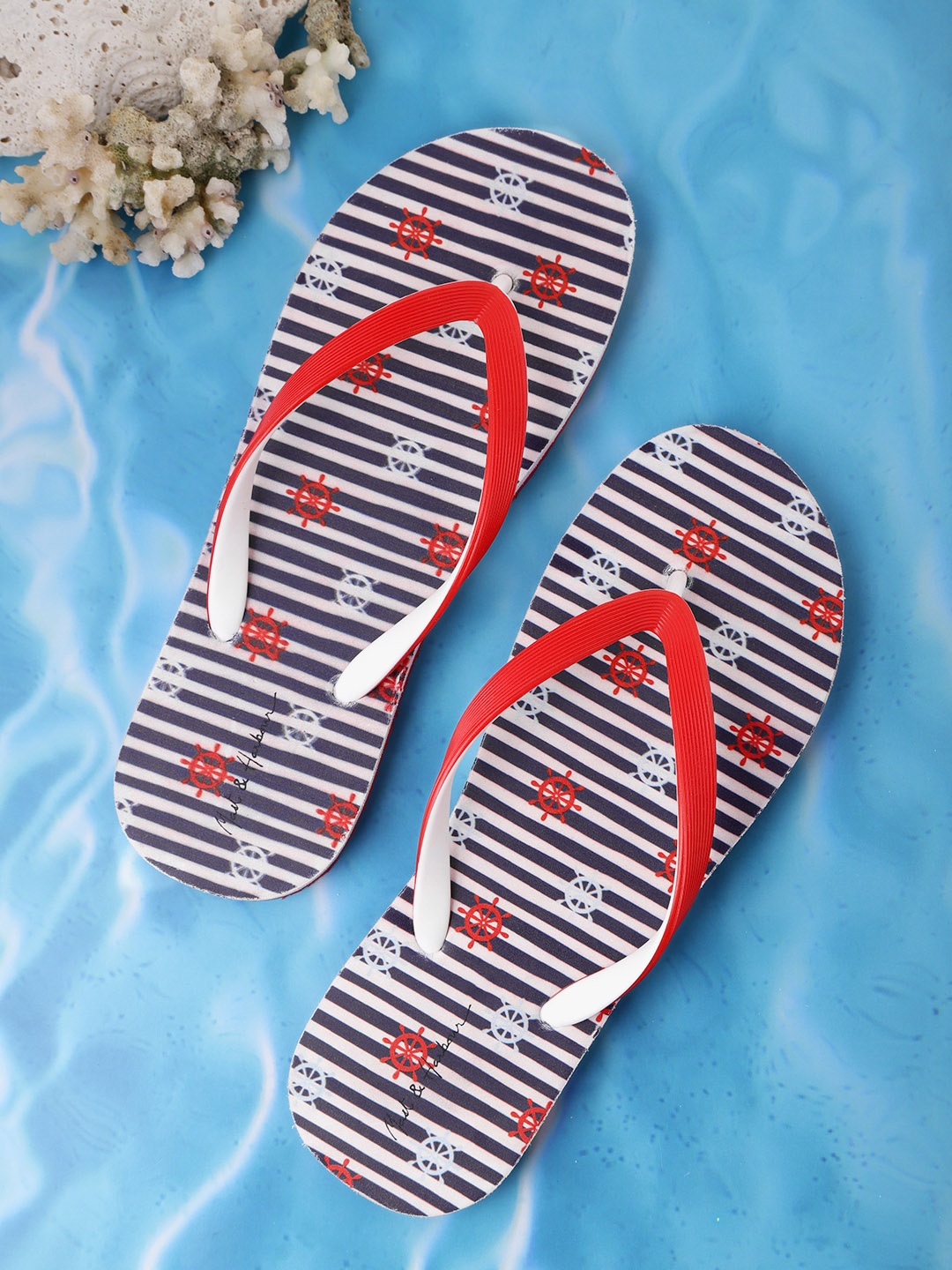 

Mast & Harbour Women Red & Navy Blue Printed Thong Flip-Flops