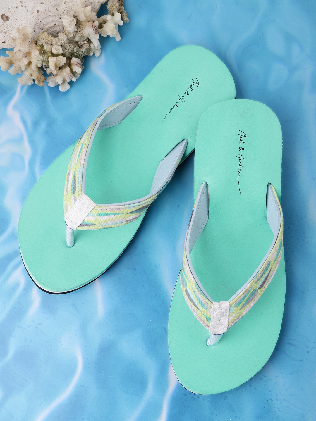 

Mast & Harbour Women Sea Green & White Printed Thong Flip-Flops