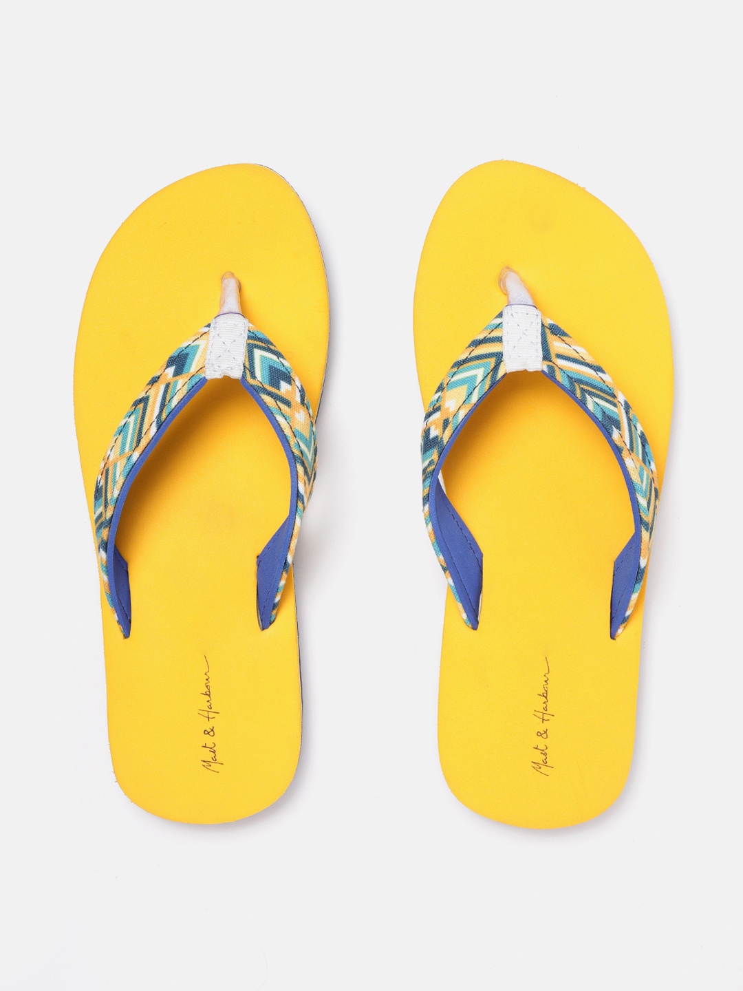 

Mast & Harbour Women Yellow & Blue Printed Thong Flip-Flops