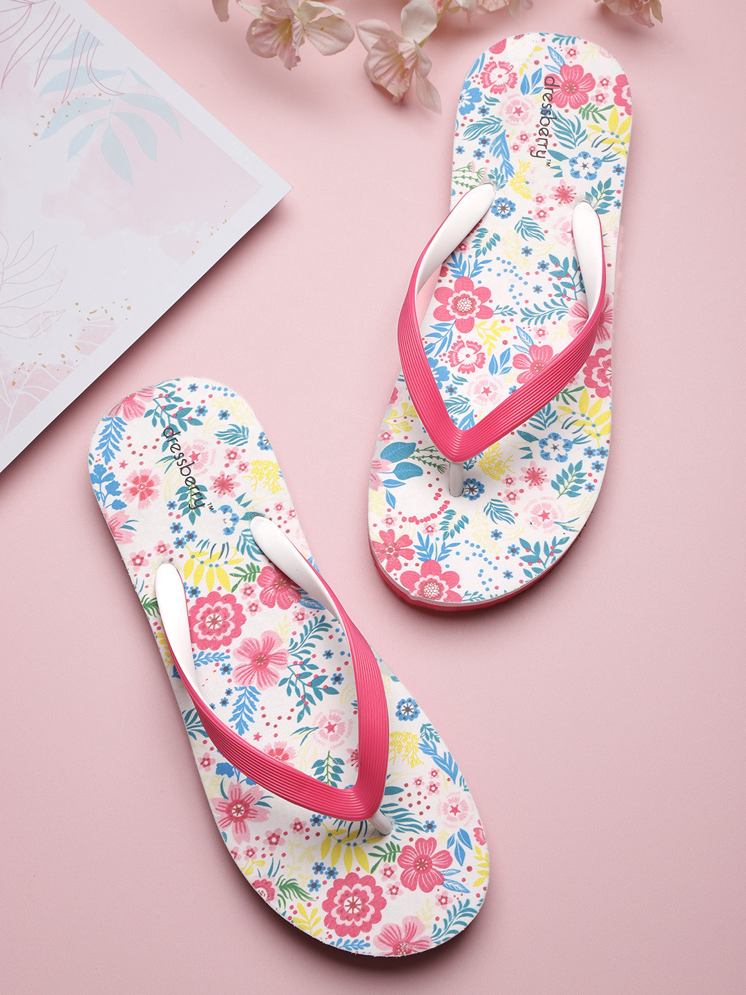 

DressBerry Women Pink & Blue Floral Print Thong Flip-Flops