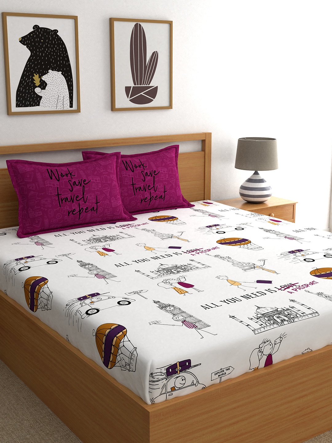 

My Room Off-White & Purple Conversational 210 TC Cotton 1 Queen Bedsheet with 2 Pillow Covers