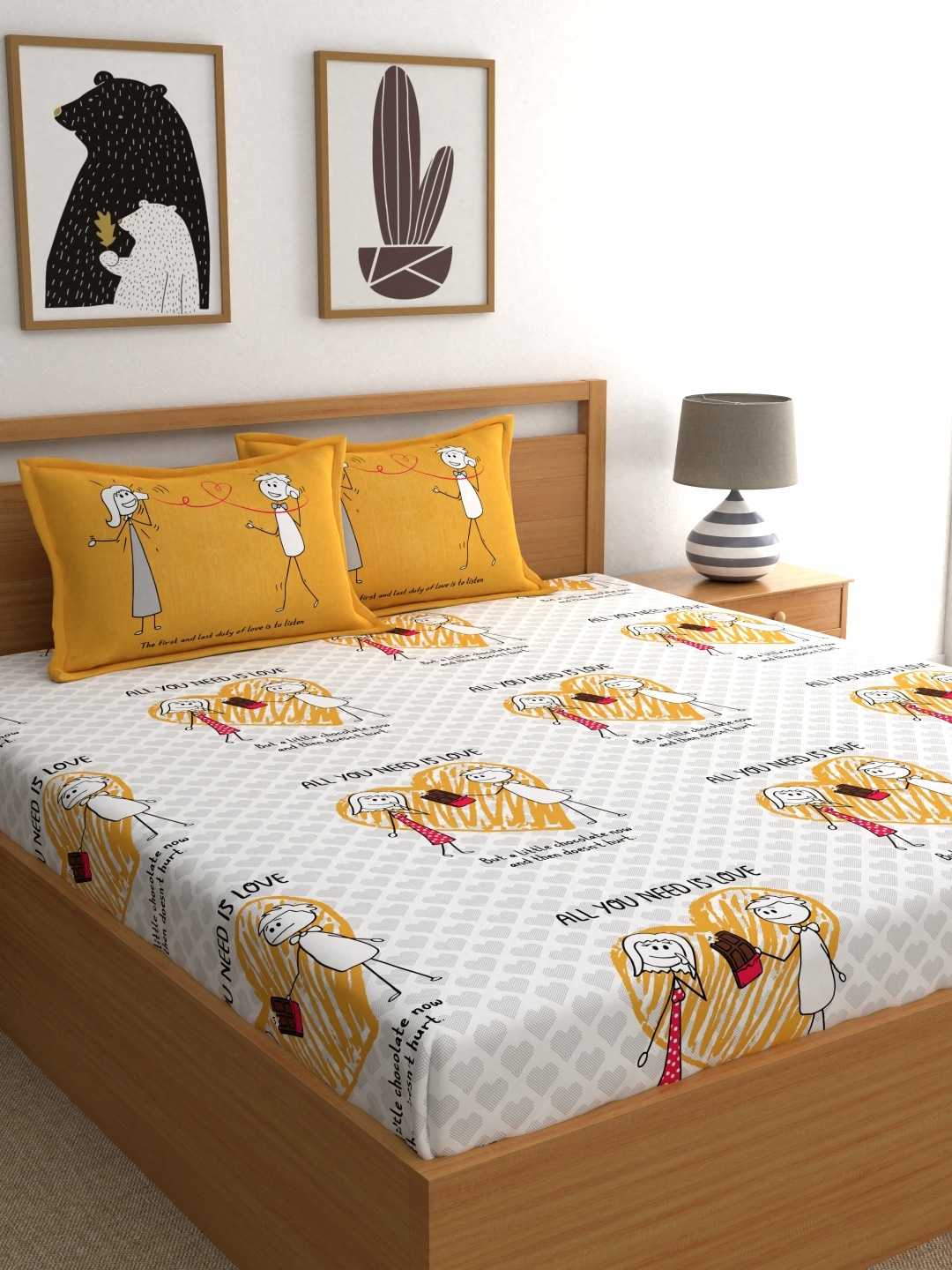 

My Room Yellow & Off-White Conversational 210 TC Cotton 1 Queen Bedsheet with 2 Pillow Covers