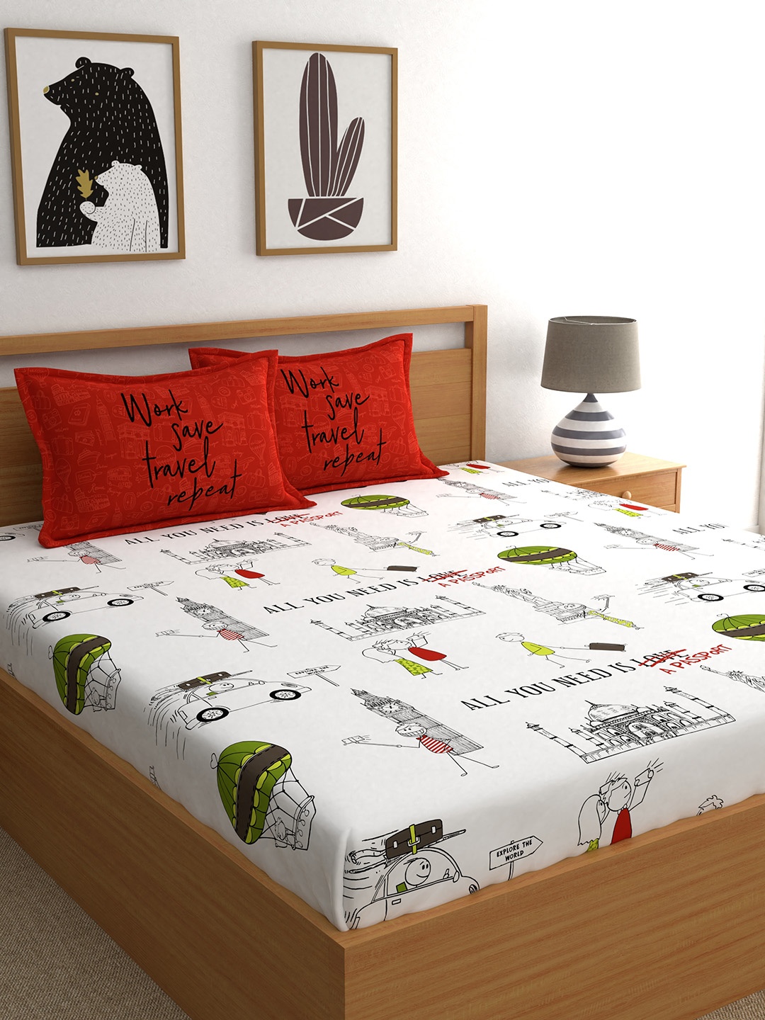 

My Room Red & White Conversational 210 TC Cotton 1 Queen Bedsheet with 2 Pillow Covers