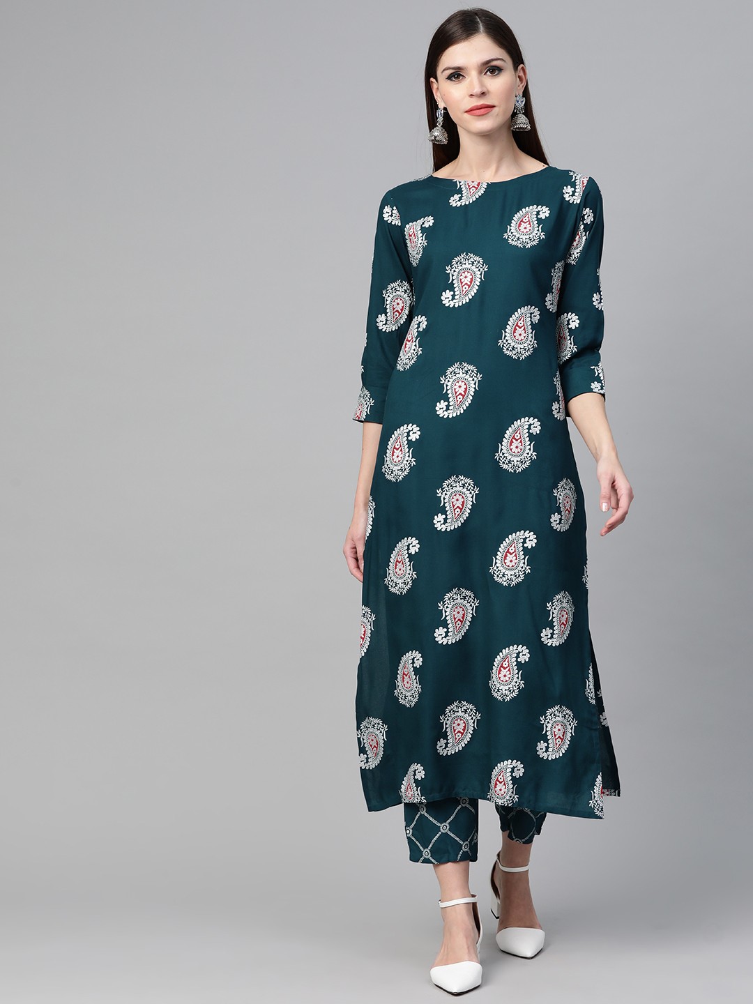 

See Designs Women Teal Blue & Silver Screen Print Kurta with Trousers
