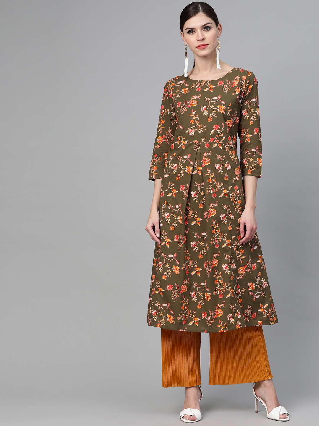 

See Designs Women Olive Green & Orange Screen Print A-Line Kurta