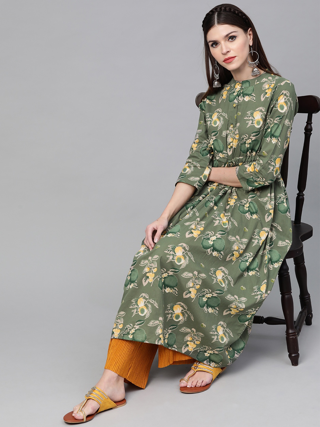 

See Designs Women Green & Yellow Screen Print A-Line Kurta