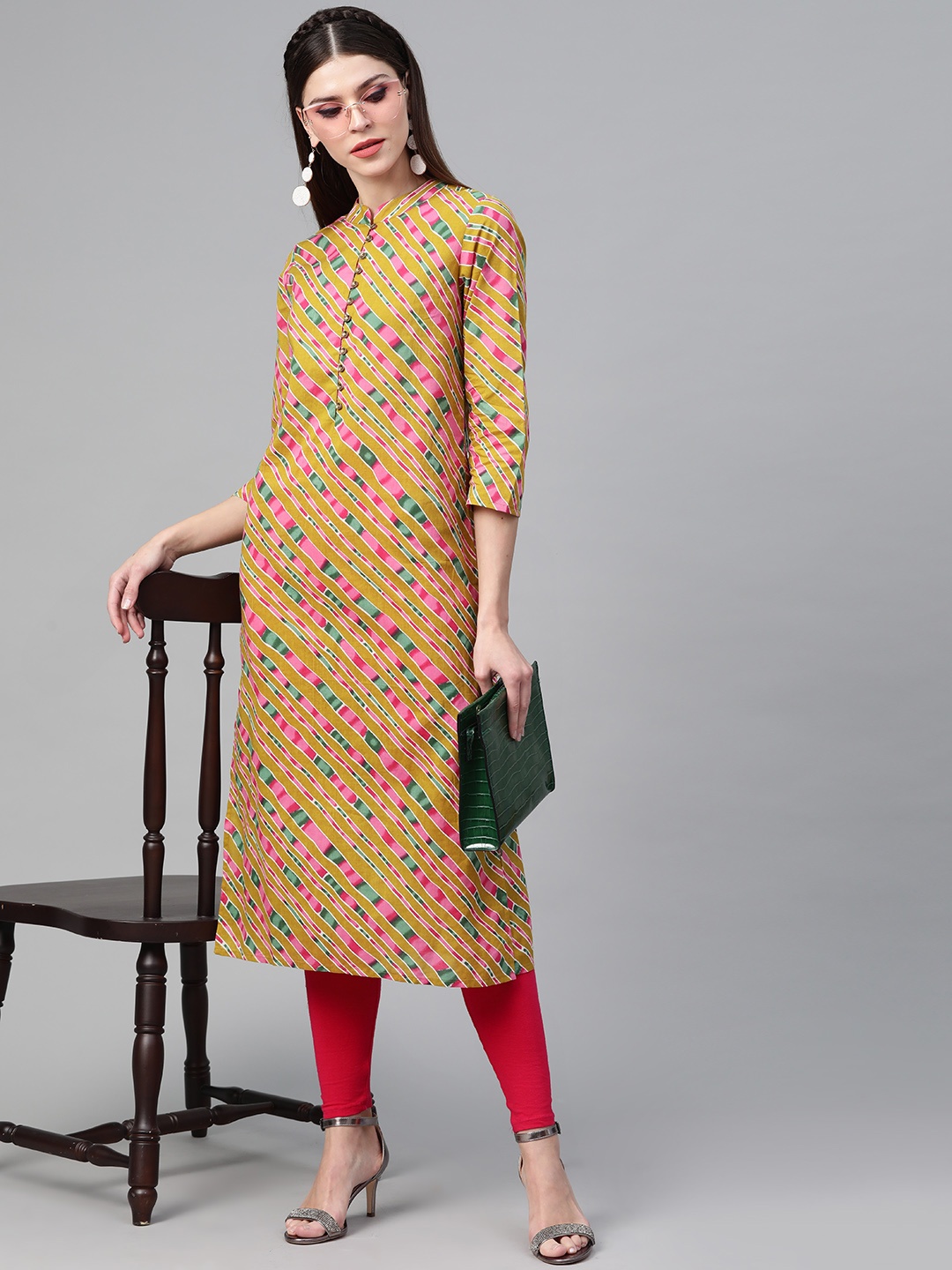 

See Designs Women Mustard Yellow & Pink Leheriya Print Straight Kurta