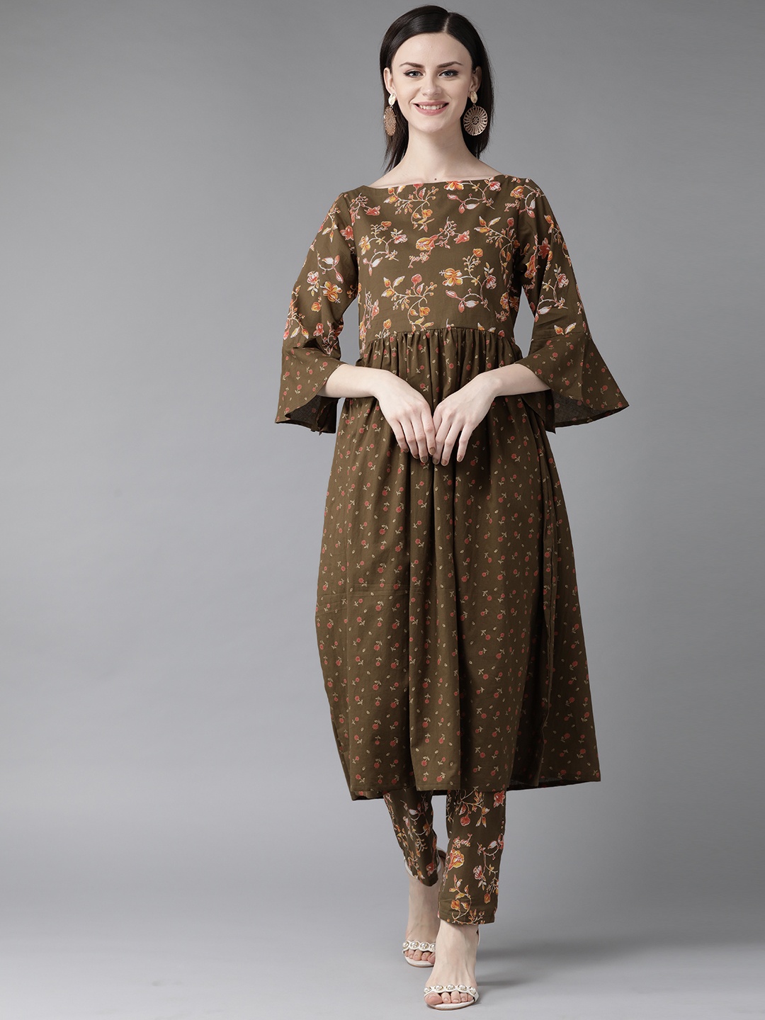 

See Designs Women Olive Green & Orange Printed Kurta with Trousers