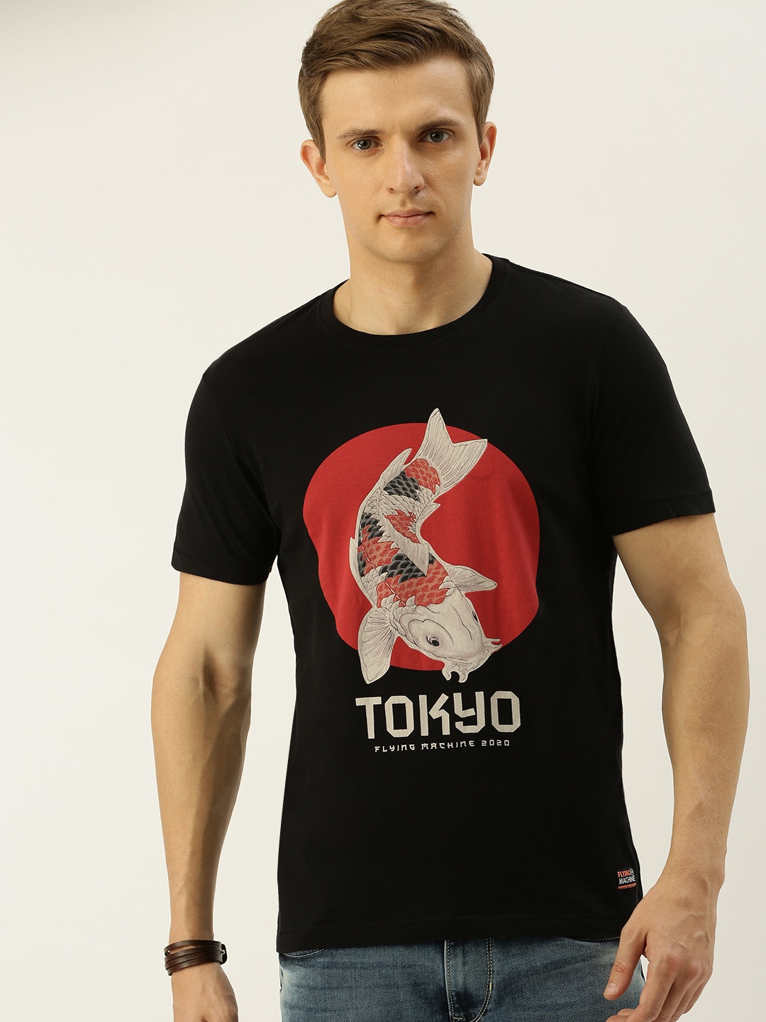 

Flying Machine Men Black Printed Slim Fit Round Neck Pure Cotton T-shirt