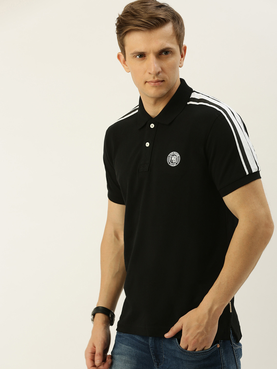 

Flying Machine Men Black Solid Slim Fit Polo Collar Pure Cotton T-shirt With Shoulder Stripes