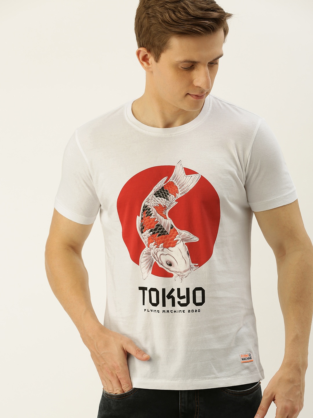 

Flying Machine Men White Printed Slim Fit Round Neck Pure Cotton T-shirt
