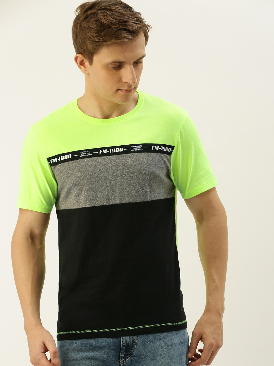 

Flying Machine Men Black & Fluorescent Green Colourblocked Slim Fit Round Neck T-shirt