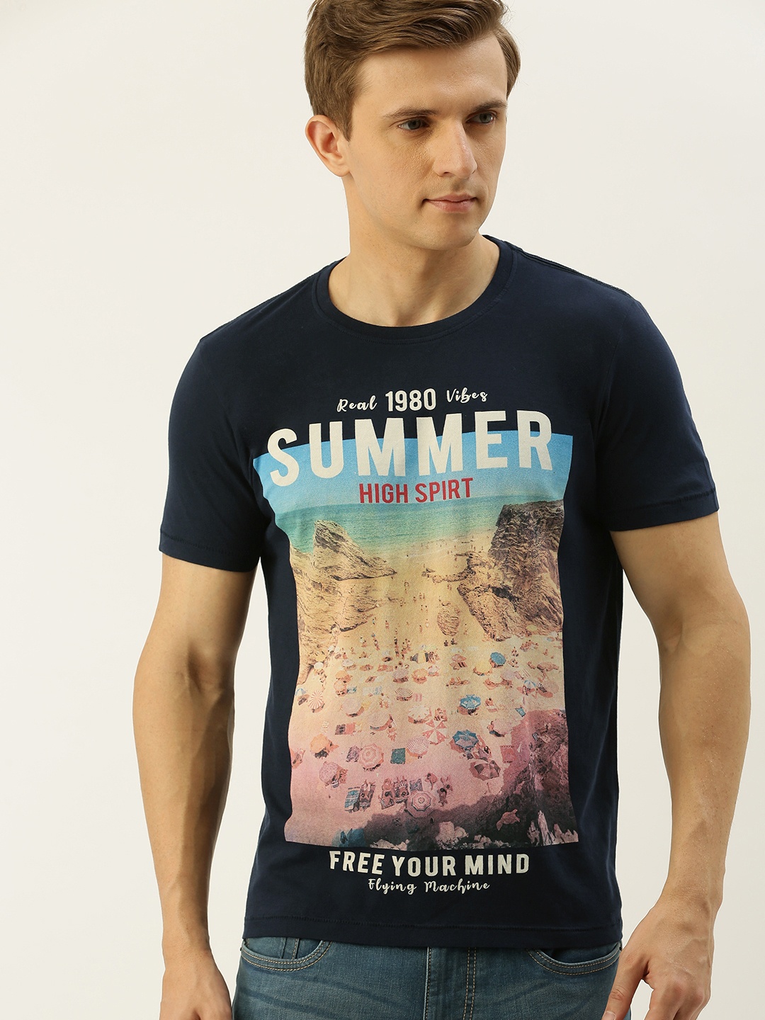 

Flying Machine Men Navy Blue Printed Slim Fit Round Neck T-shirt