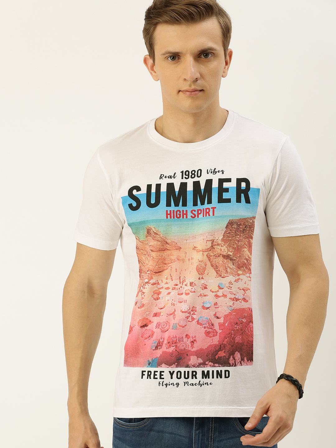 

Flying Machine Men White Graphic Printed Slim Fit Round Neck Pure Cotton T-shirt