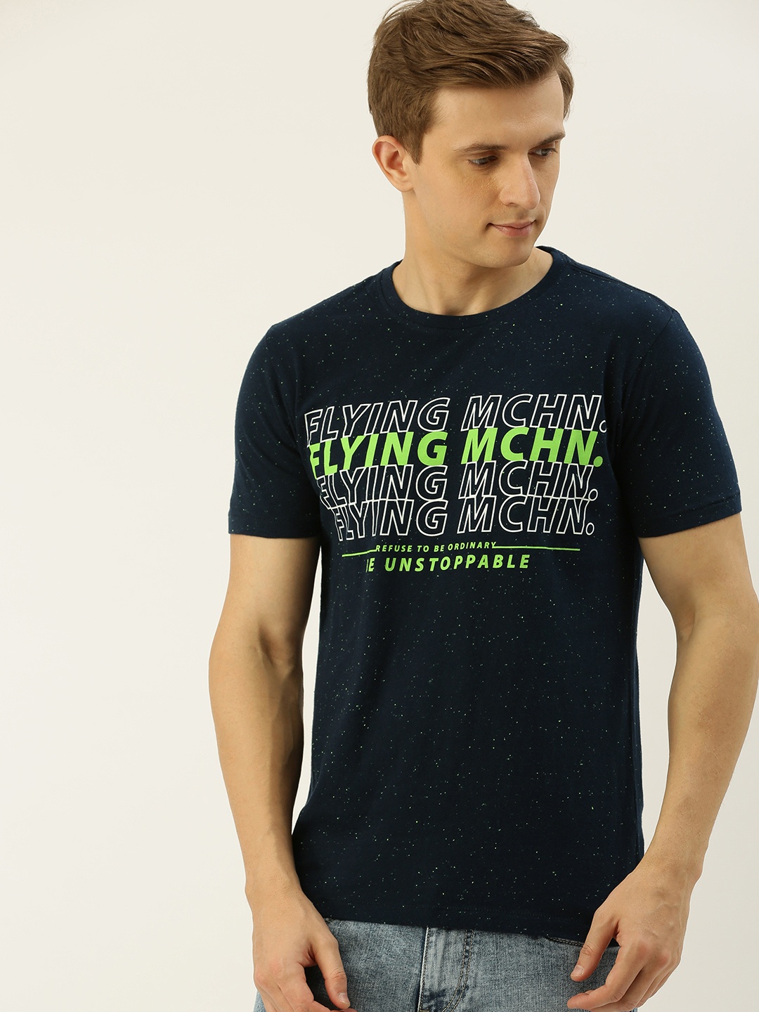 

Flying Machine Men Navy Blue Printed Slim Fit Round Neck T-shirt