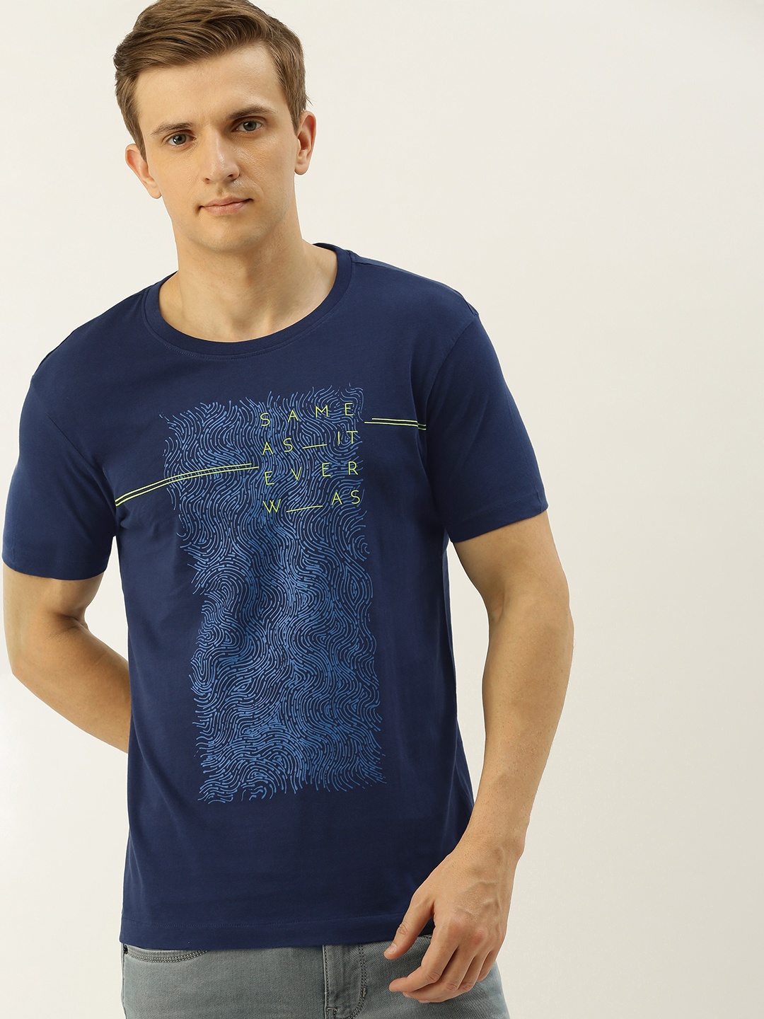 

Flying Machine Men Blue Printed Slim Fit Round Neck Pure Cotton T-shirt
