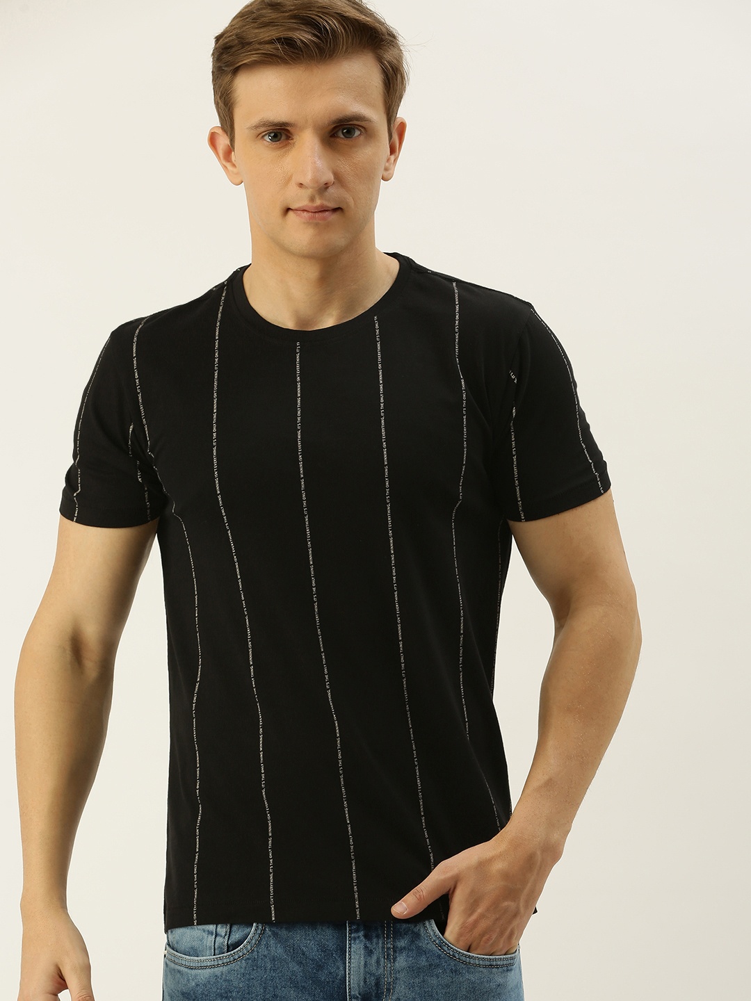 

Flying Machine Men Black Slim Fit Striped Round Neck Pure Cotton T-shirt with Printed Detail