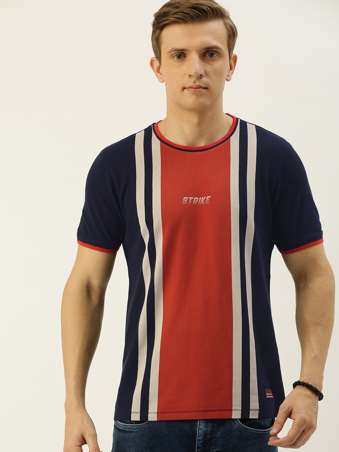 

Flying Machine Men Navy Blue Red Slim Fit Striped Round Neck Pure Cotton T-shirt