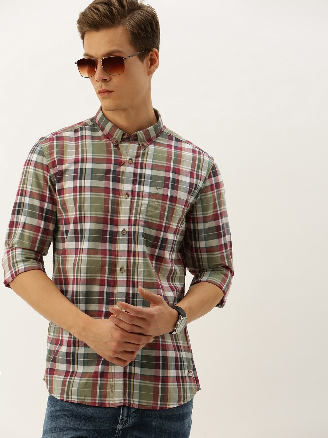 

Flying Machine Men Green & Pink Slim Fit Checked Casual Shirt