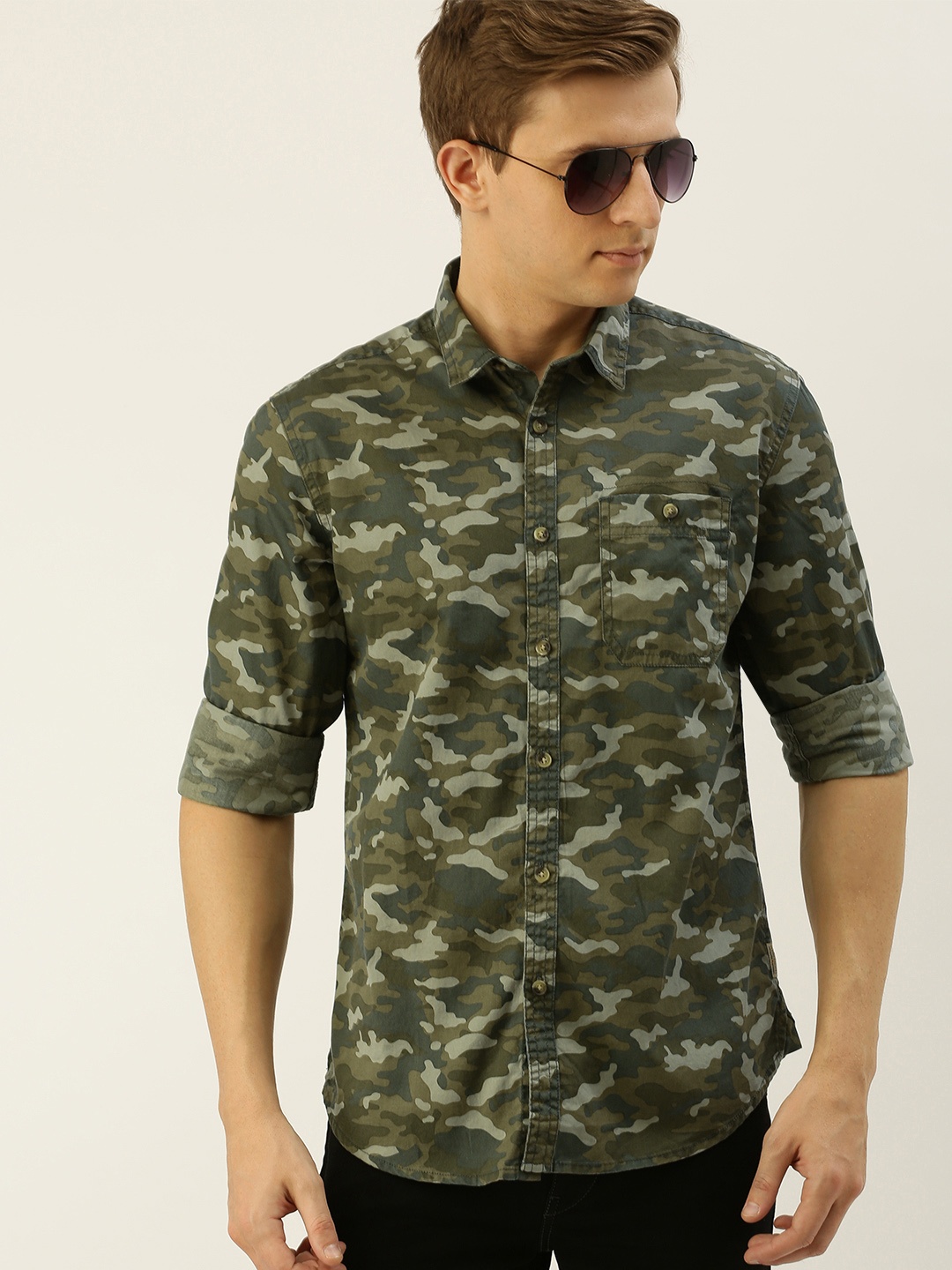 

Flying Machine Men Olive Green & Brown Slim Fit Camouflage Printed Casual Shirt