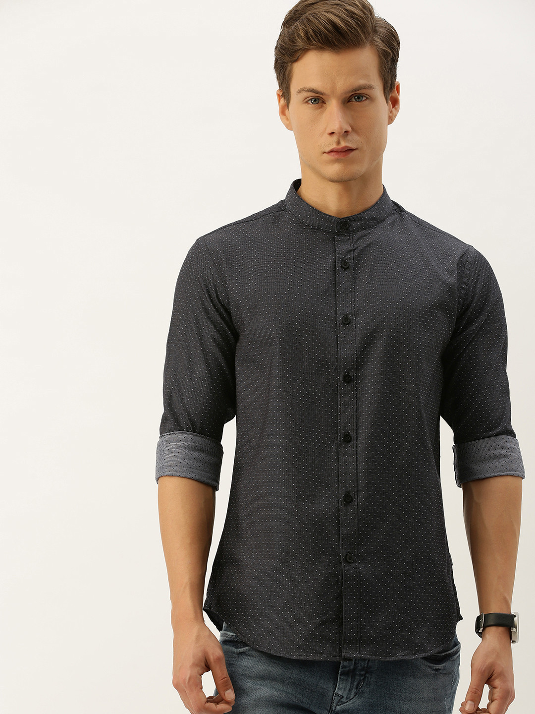 

Flying Machine Men Charcoal Grey & White Slim Fit Self Design Mandarin Collar Casual Shirt