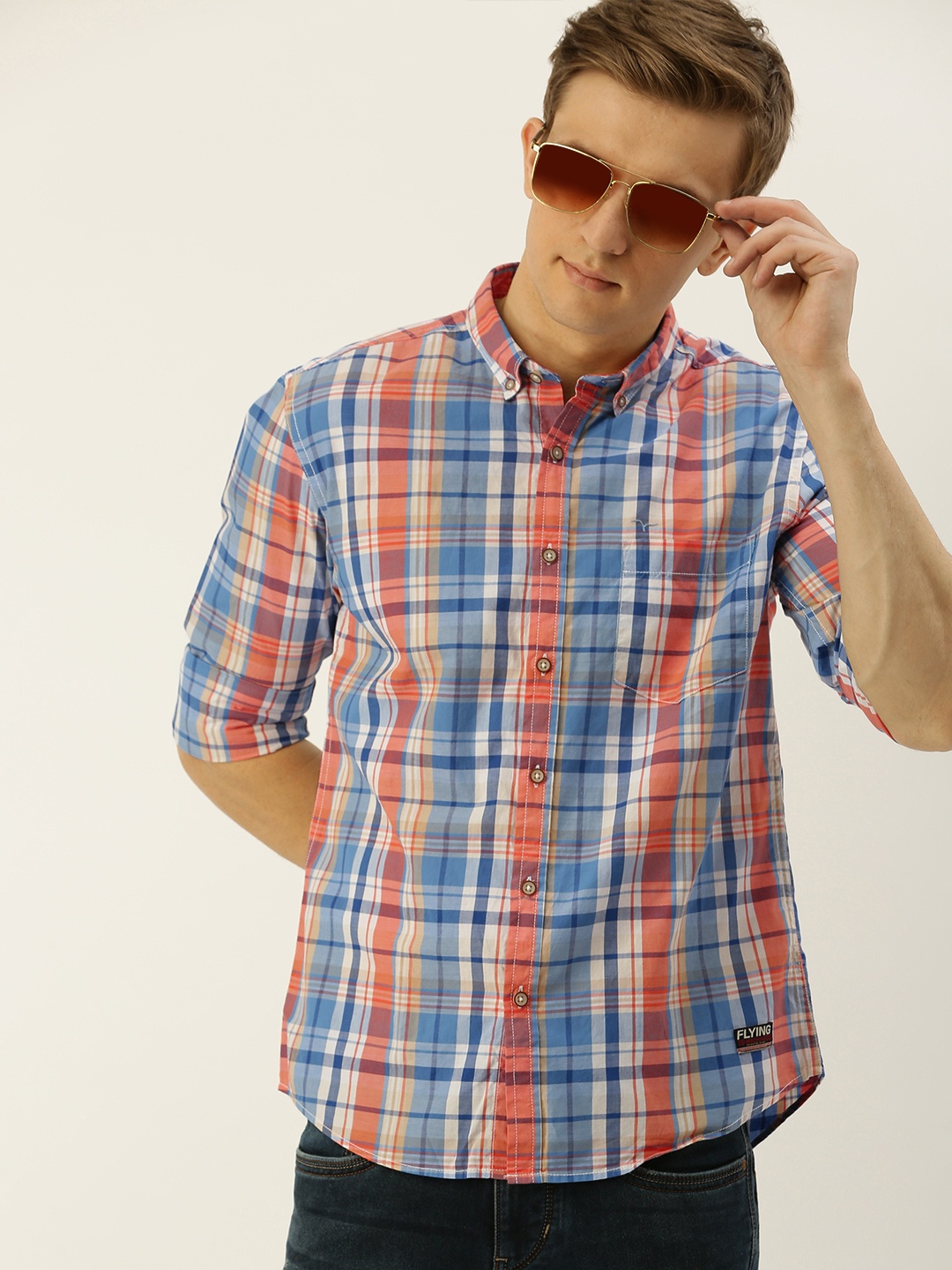 

Flying Machine Men Orange & Blue Slim Fit Checked Casual Shirt