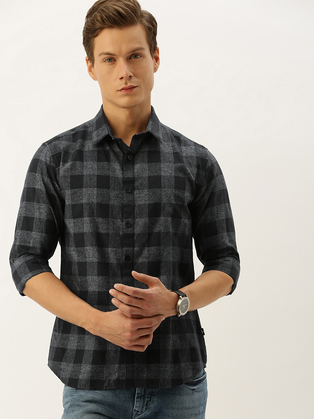 

Flying Machine Men Grey & Black Slim Fit Checked Casual Shirt