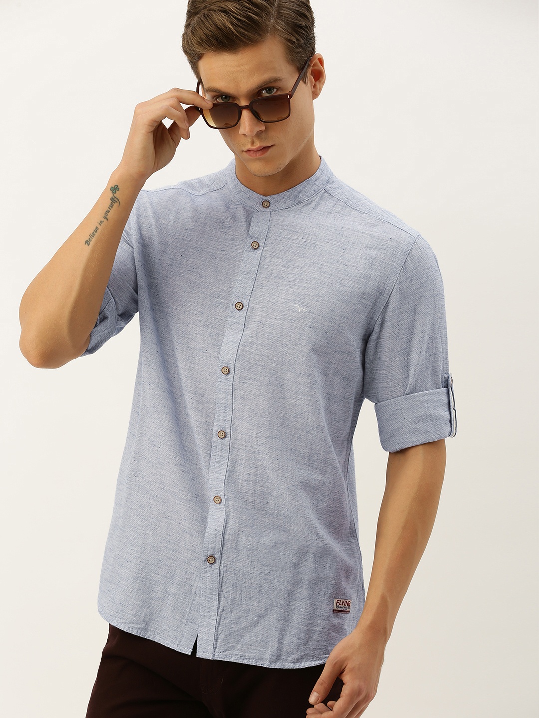 

Flying Machine Men Blue Slim Fit Solid Linen Casual Shirt