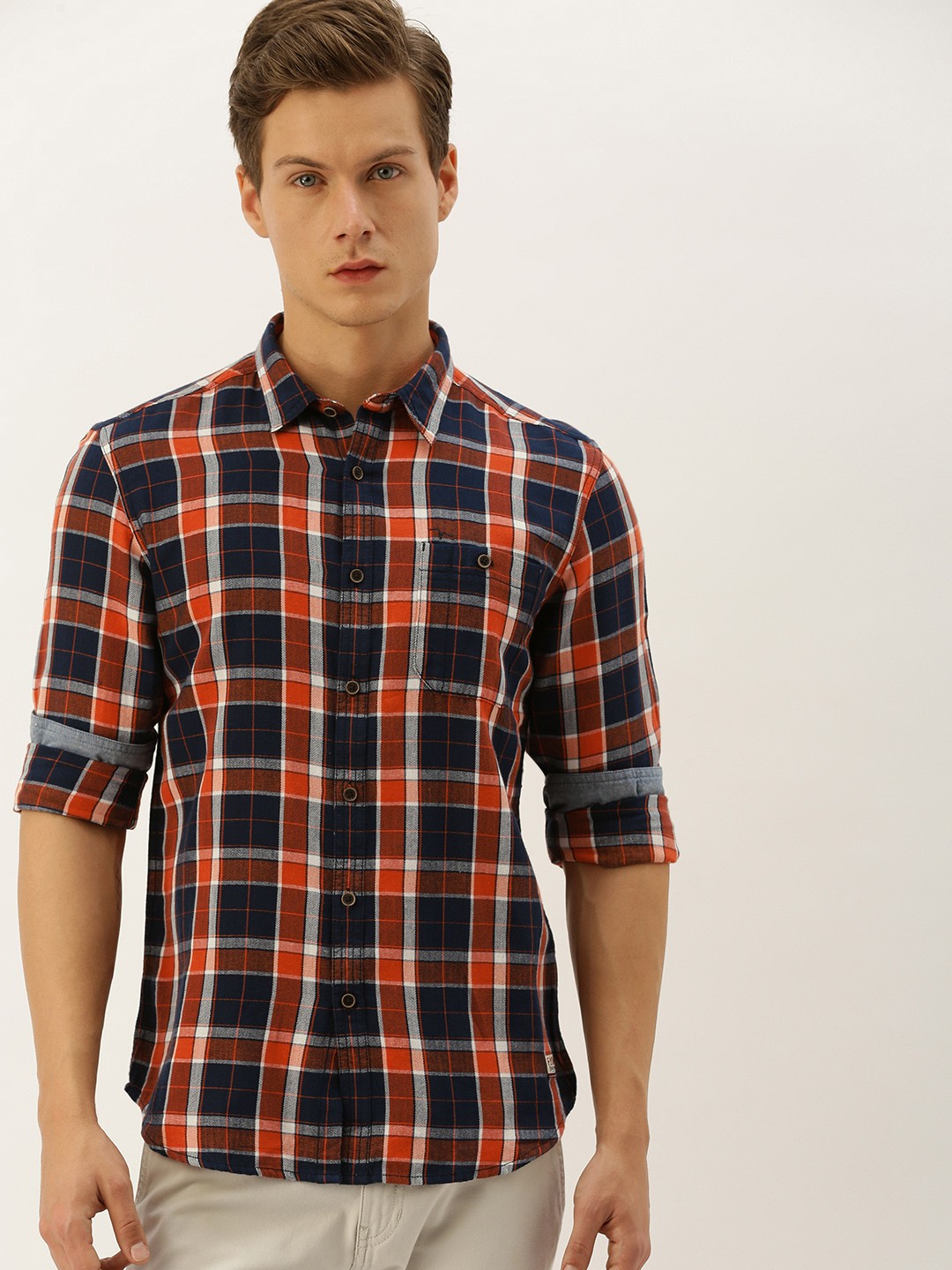 

Flying Machine Men Orange & Navy Blue Slim Fit Checked Casual Shirt