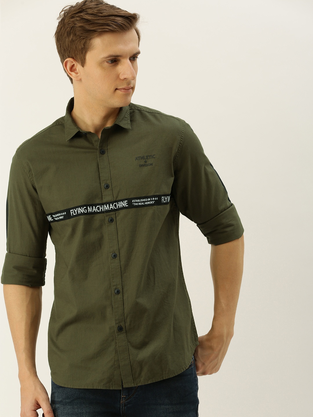 

Flying Machine Men Olive Green Slim Fit Solid Casual Shirt with Printed Taping