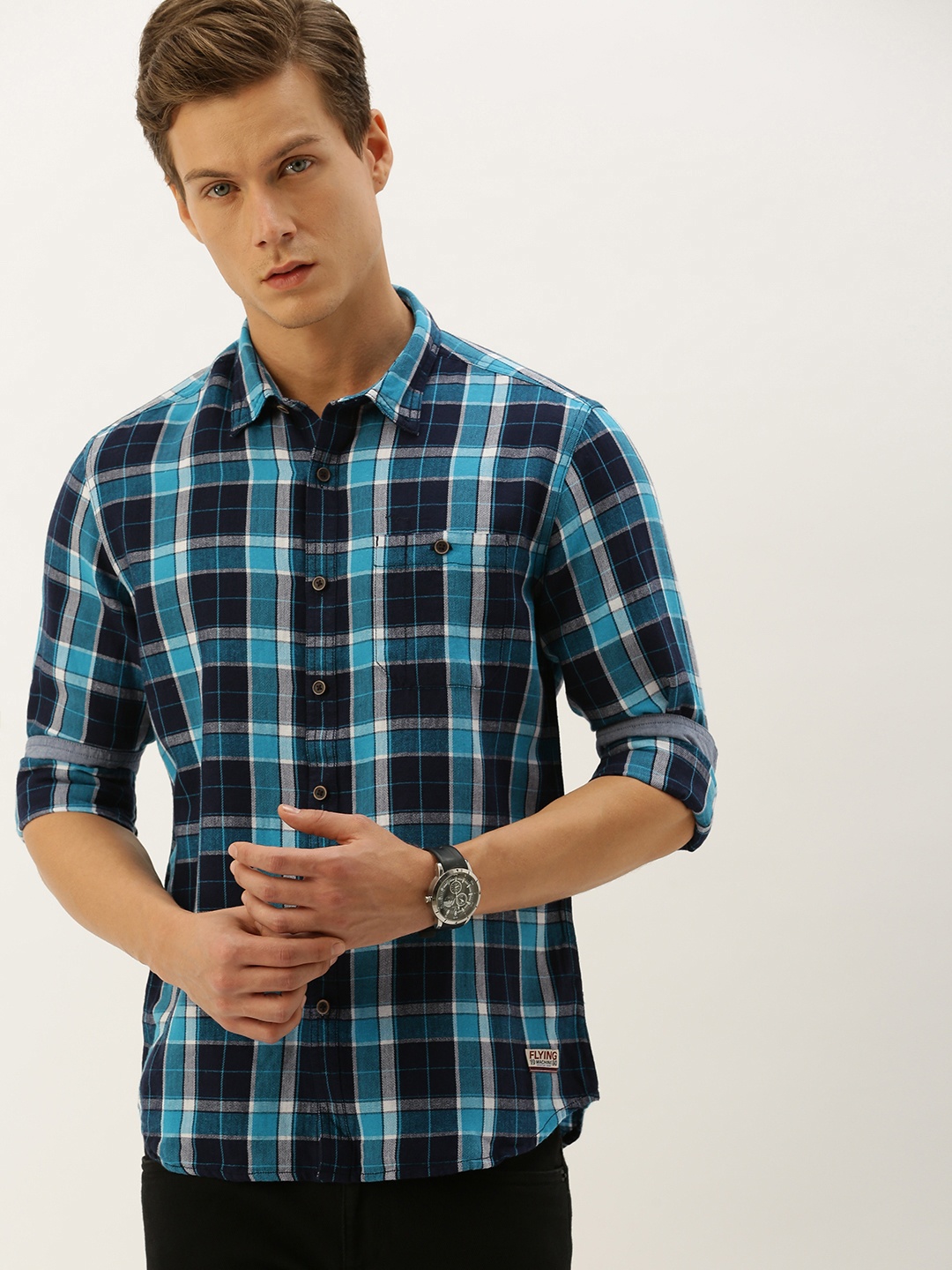 

Flying Machine Men Blue & White Slim Fit Checked Casual Shirt