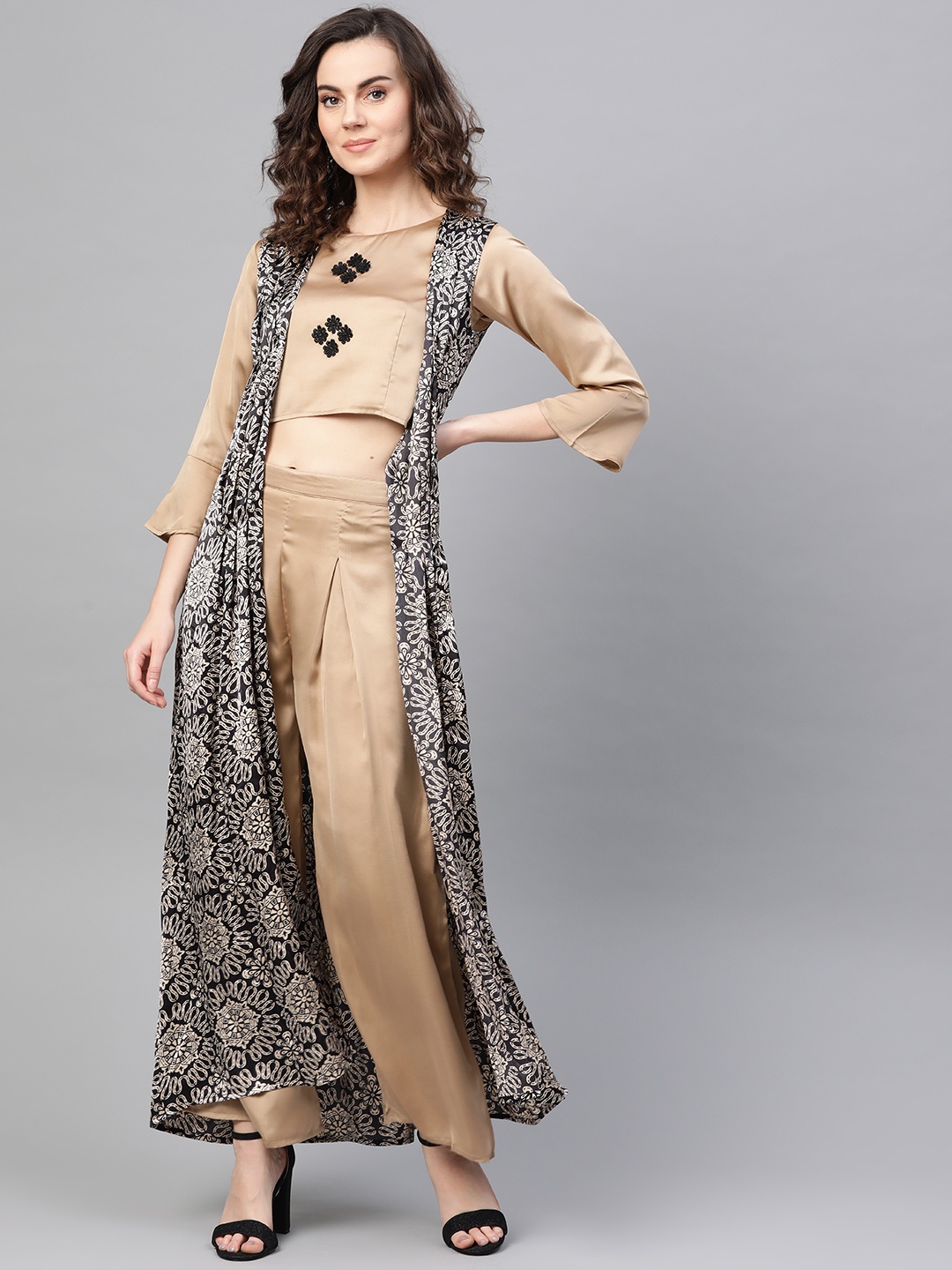 

Cottinfab Women Beige & Black Printed Top & Palazzos With Long Shrug