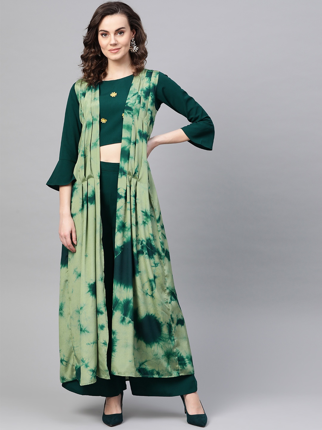 

Cottinfab Women Green Dyed Top & Palazzos With Long Shrug