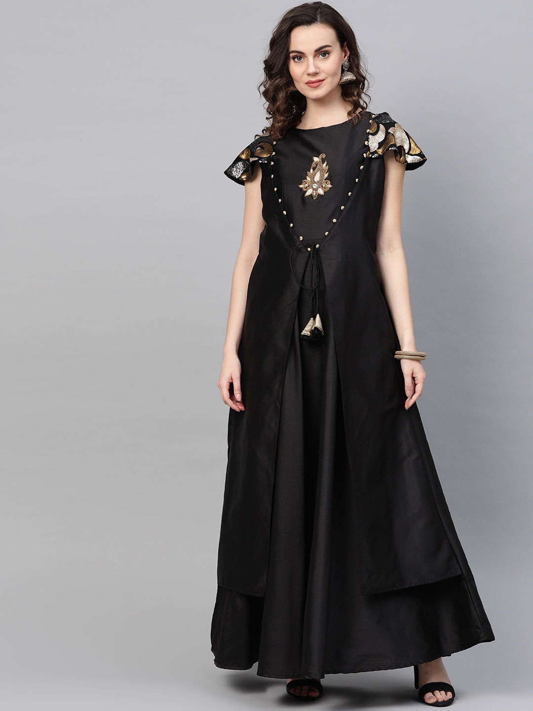 

Cottinfab Women Black Solid Layered Maxi Dress