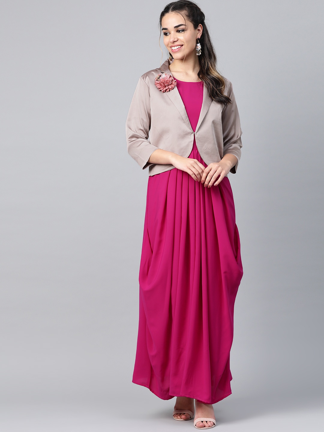 

Cottinfab Women Pink Solid Maxi Dress with Blazer