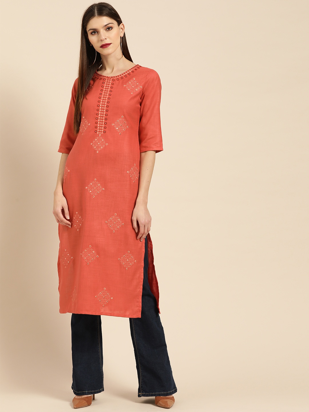 

Libas Women Rust Orange Embroidered Linen Straight Kurta