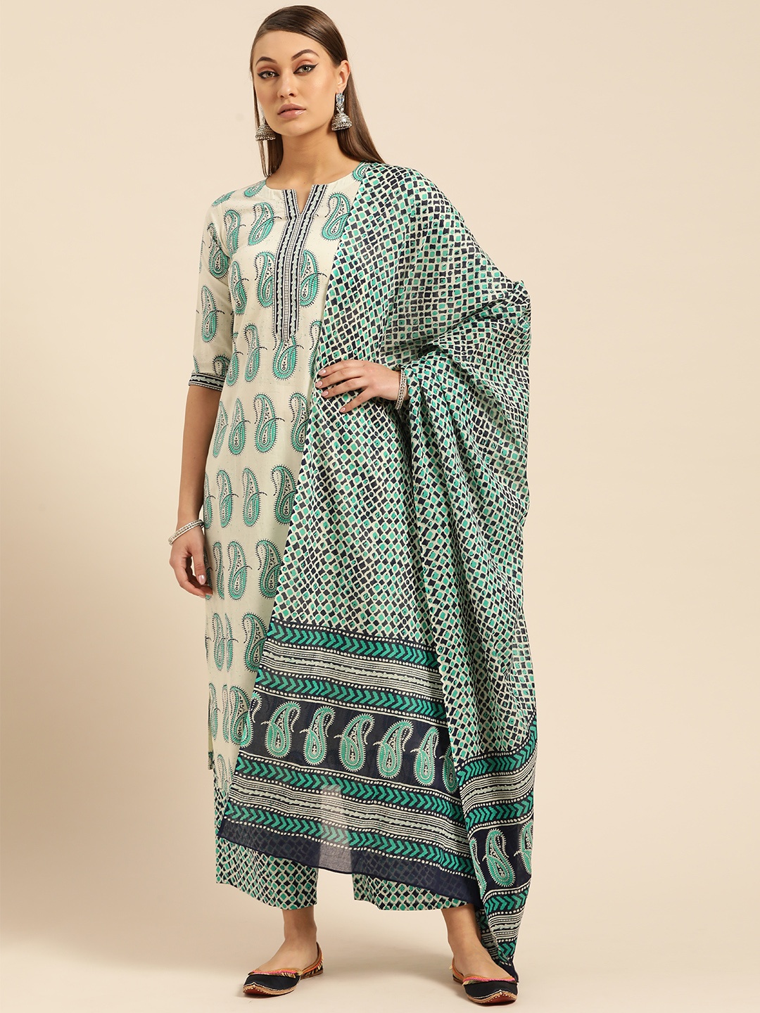 

Libas Women Off-White & Green Printed Kurta with Palazzos & Dupatta