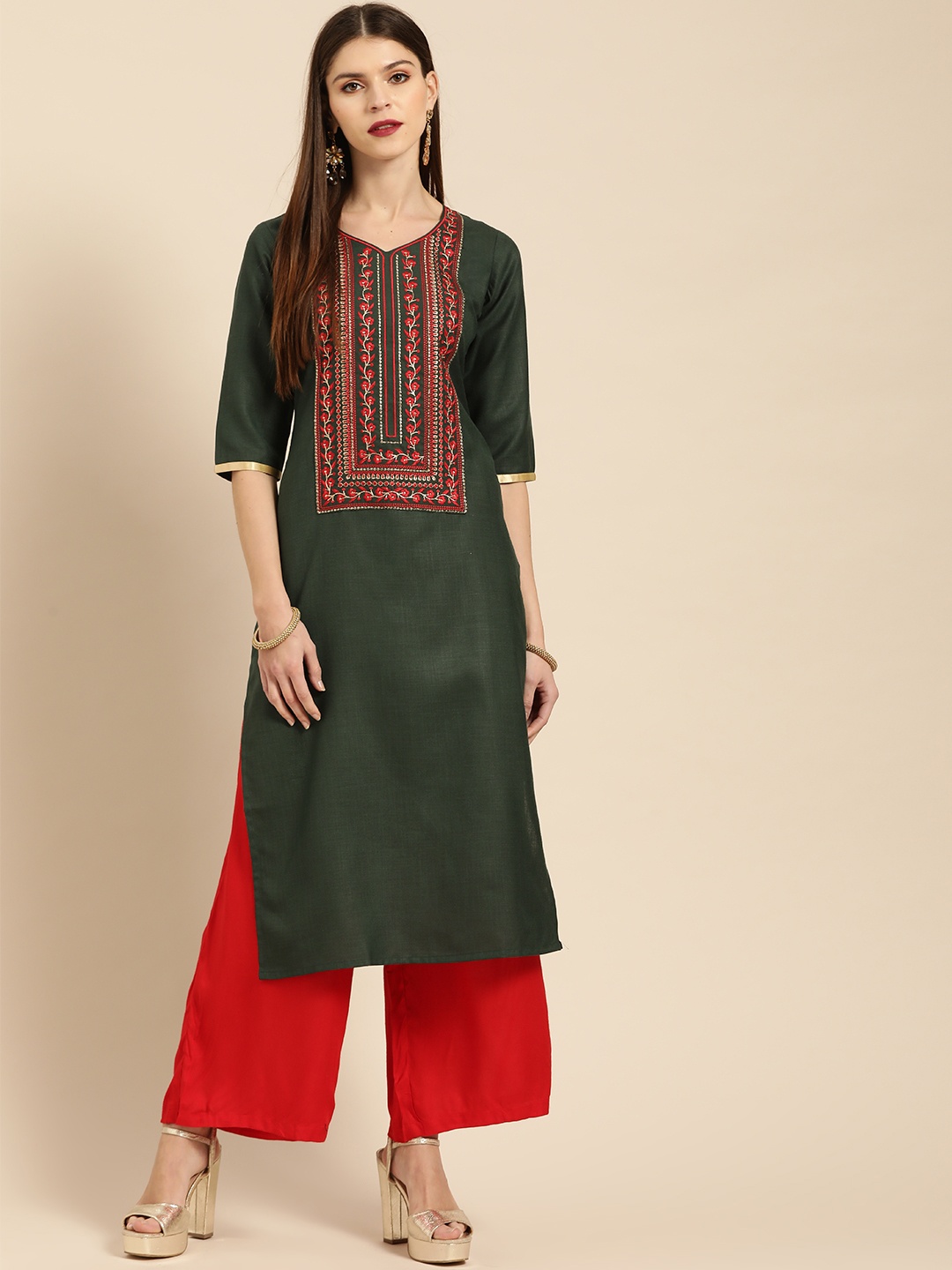 

Libas Women Green & Red Yoke Design Straight Kurta