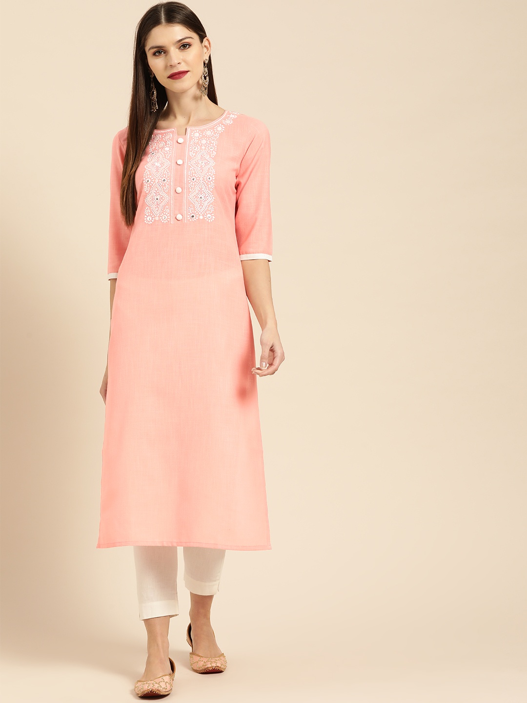 

Libas Women Pink & White Yoke Design Straight Kurta