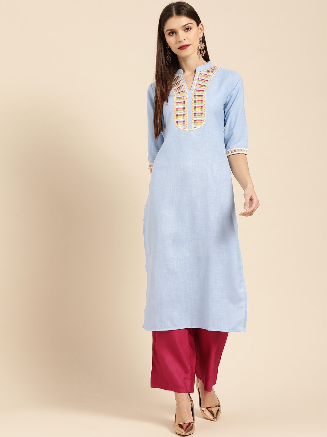 

Libas Women Blue & Yellow Yoke Design Straight Kurta