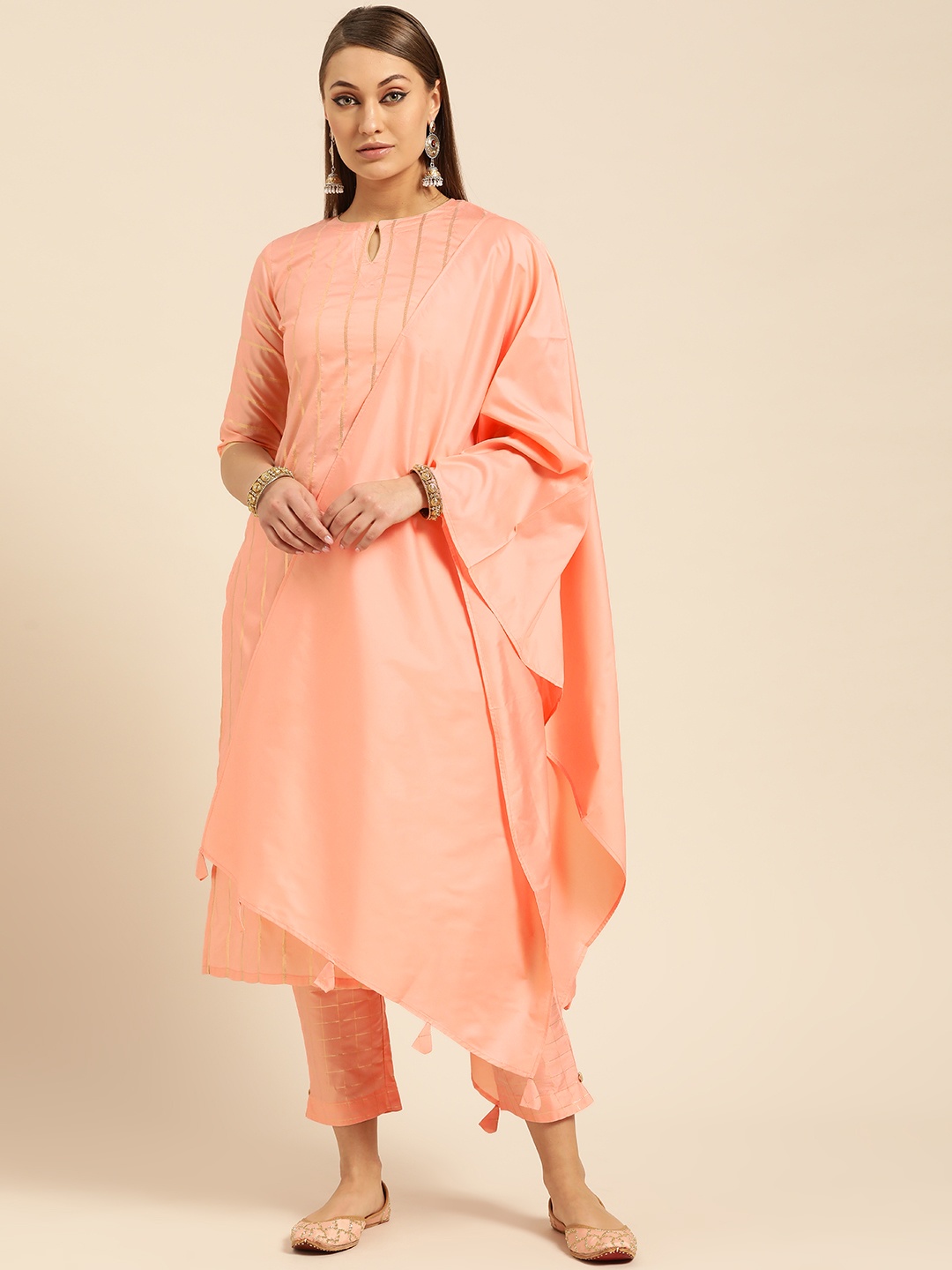 

Libas Women Peach-Coloured & Golden Striped Kurta with Trousers & Dupatta