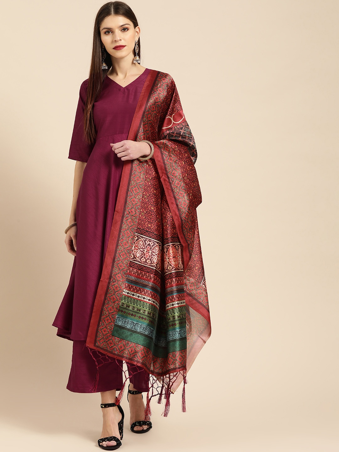 

Libas Women Burgundy Solid Anarkali Kurta with Palazzos & Dupatta