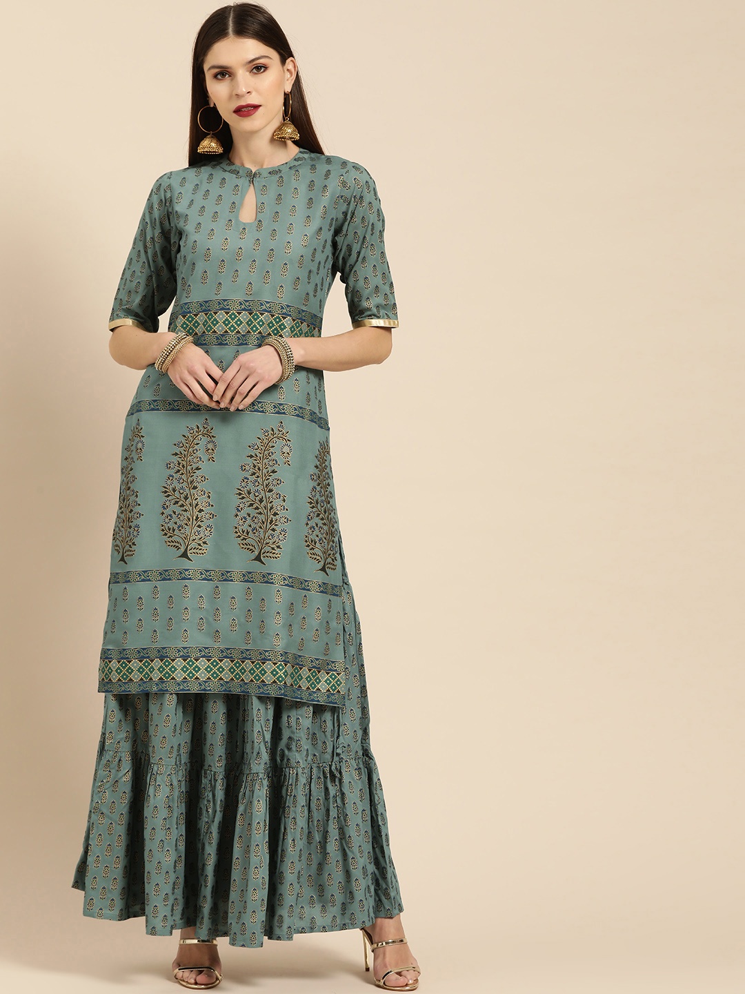 

Libas Women Blue & Golden Printed Kurta with Skirt