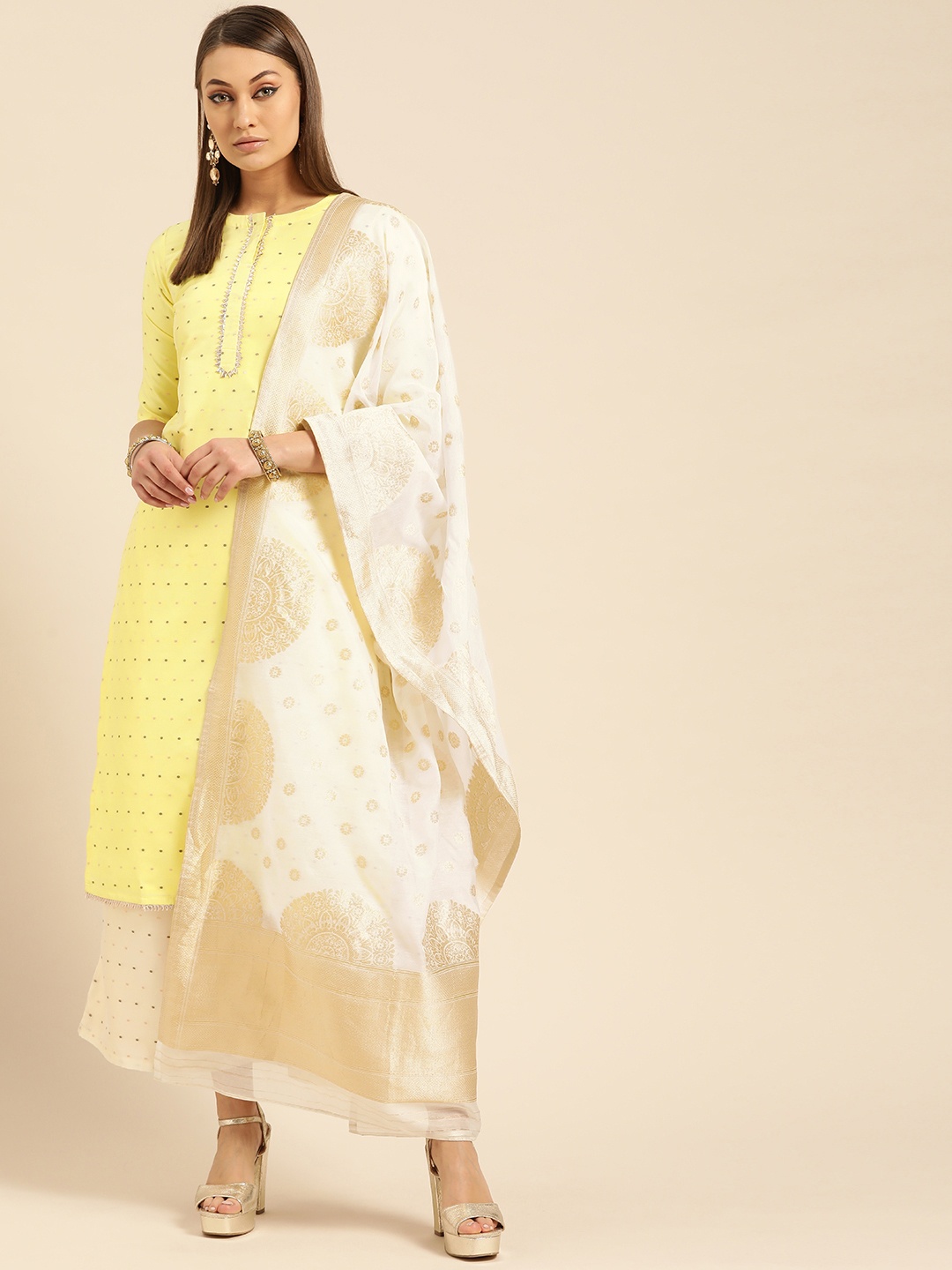 

Libas Women Yellow & Cream-Coloured Zari Woven Design Kurta with Palazzos & Dupatta