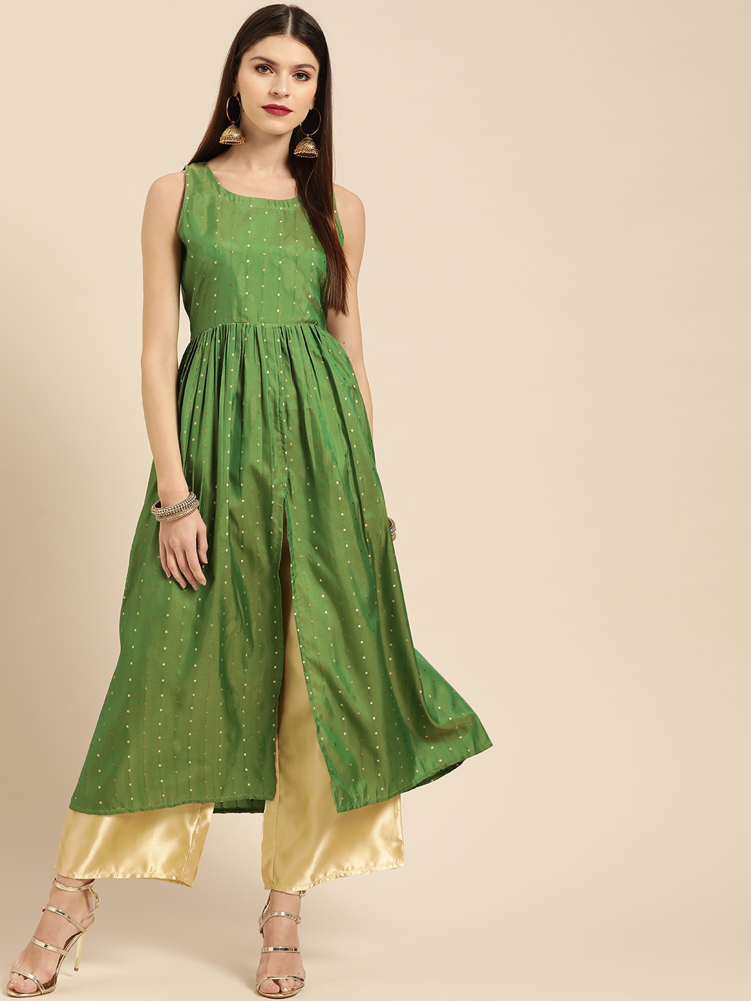 

Libas Women Green & Golden Woven Design Kurta with Palazzos